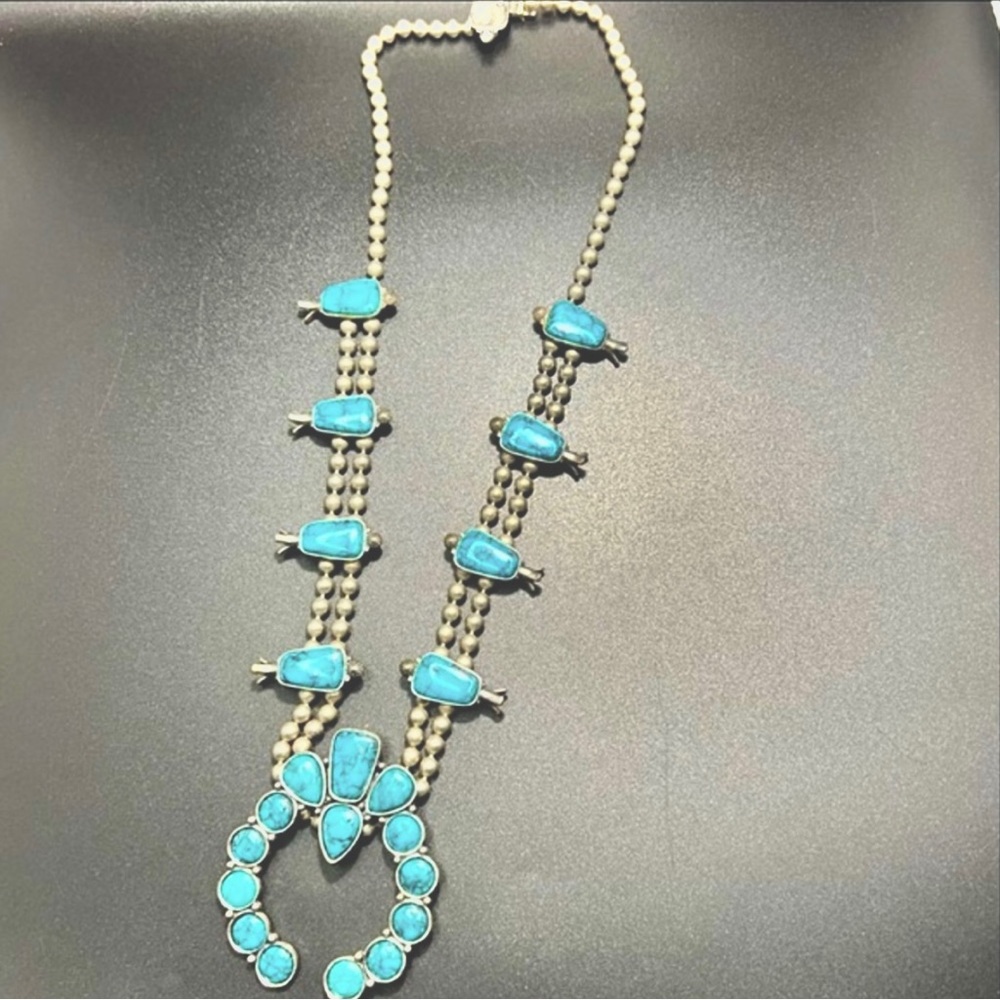 Vtg Florenta Faux Squash Blossom Turquoise Silver Beaded Necklace Naja Pendantz